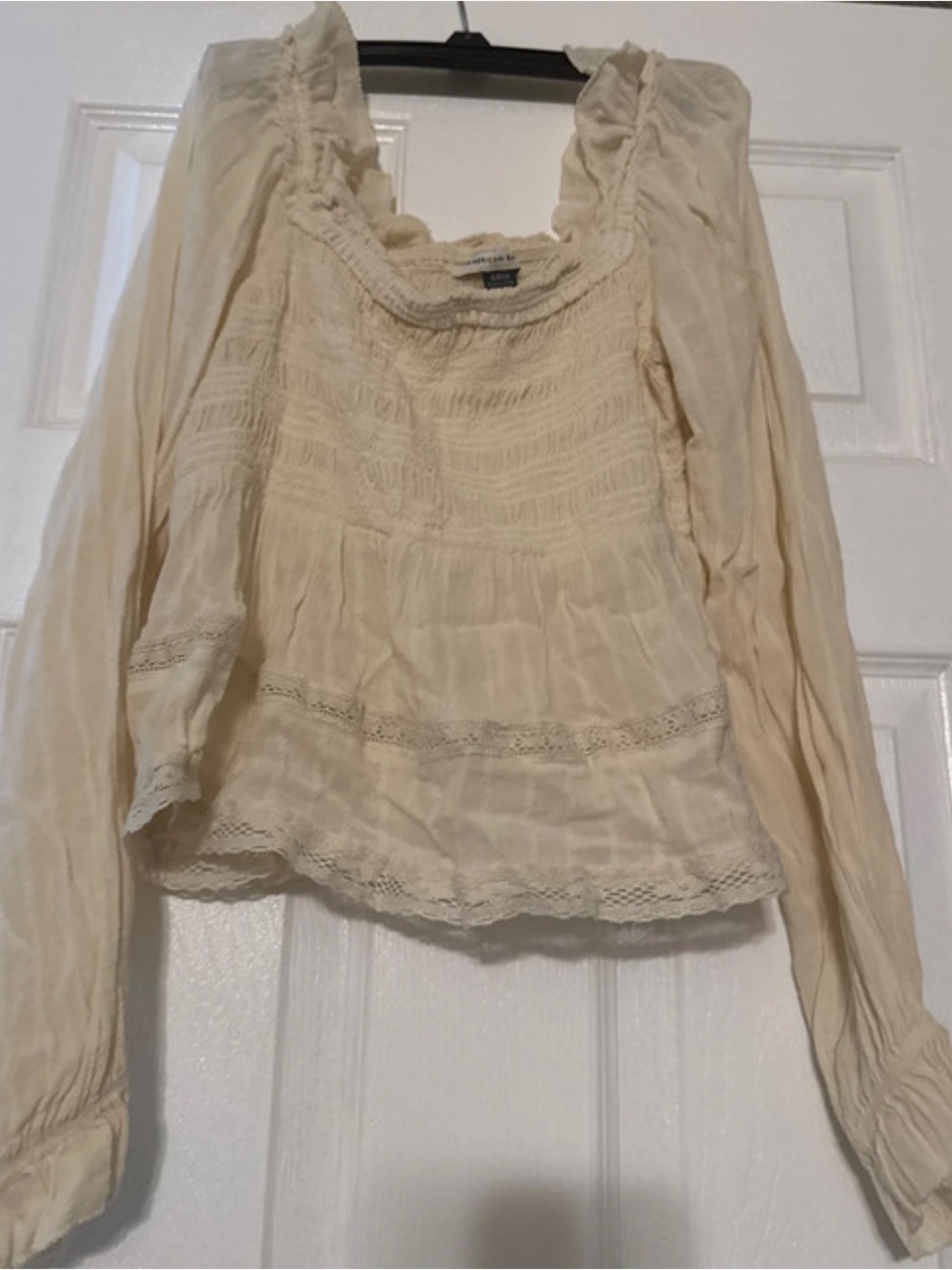 American Eagle Outfitters Cream Smocked Peasant Blouse